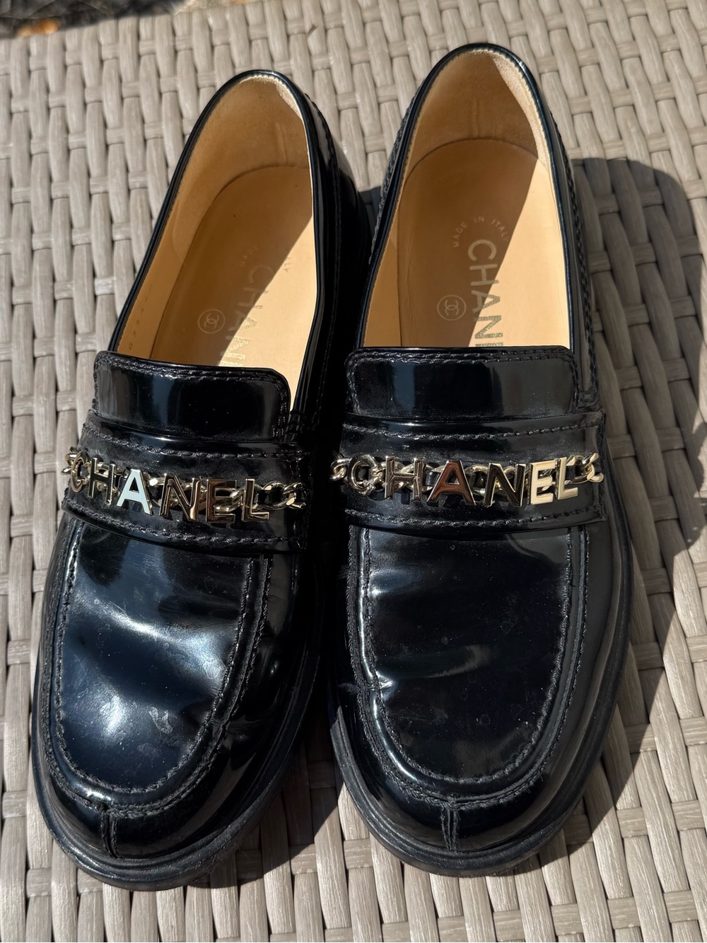 CHANEL Black Leather women’s  Loafers with silver CHANEL Nameplate